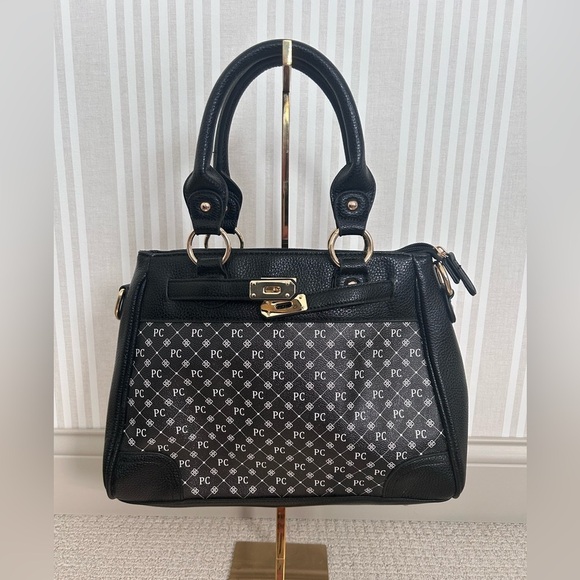 Danbury Mint “PC” Personalized Black Top Handle Satchel Handbag Gold Hardware - Picture 3 of 10
